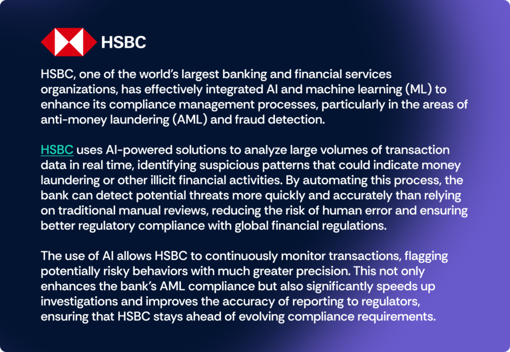 HSBC effectively integrated AI and machine learning (ML) to enhance its compliance management processes